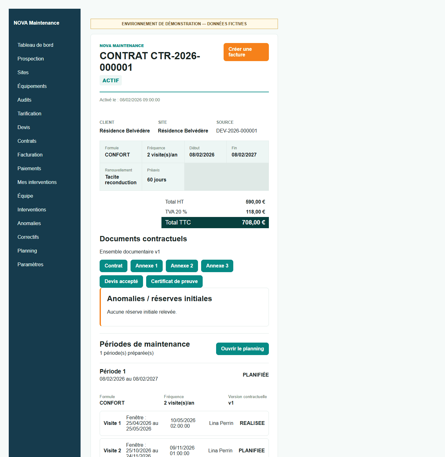 Contrat actif APS Maintenance avec périmètre, montants, documents et périodes de maintenance