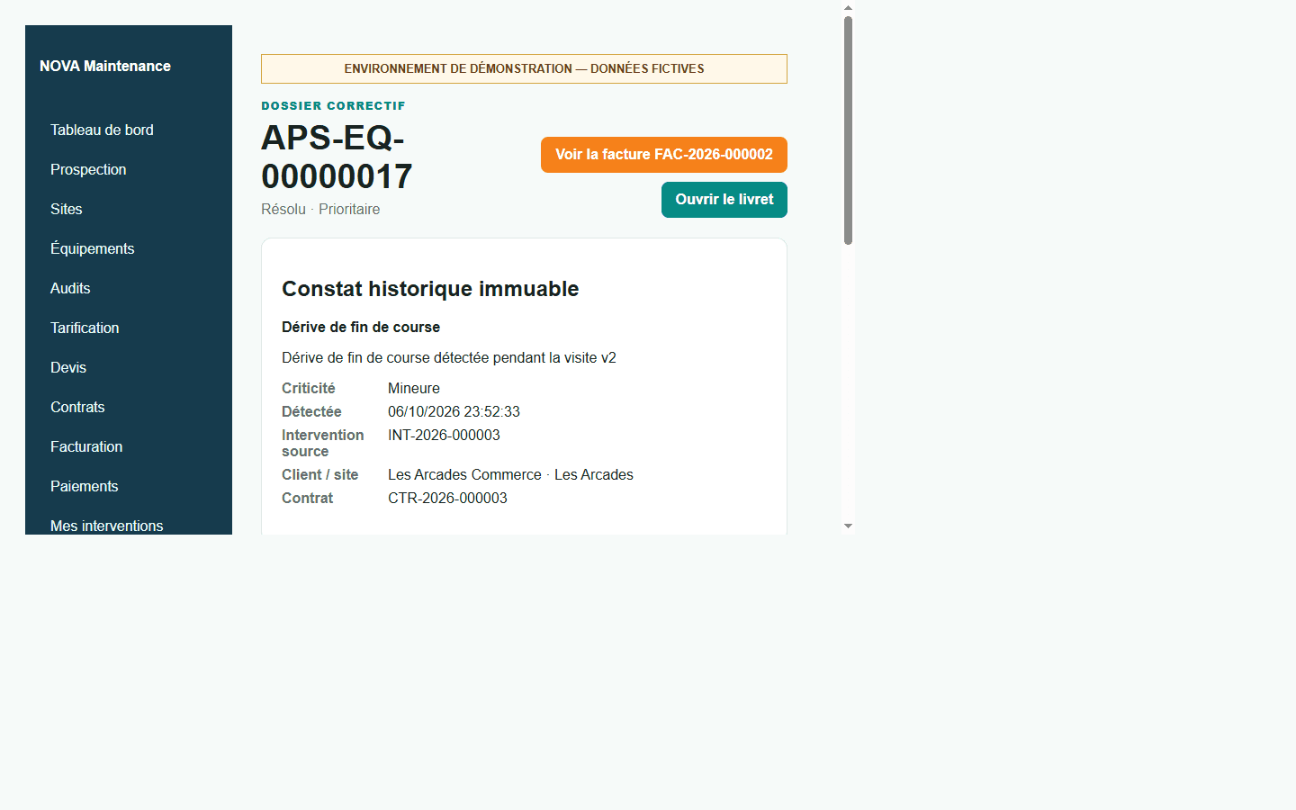 Dossier correctif APS Maintenance reliant l'anomalie, le site, le contrat et l'intervention