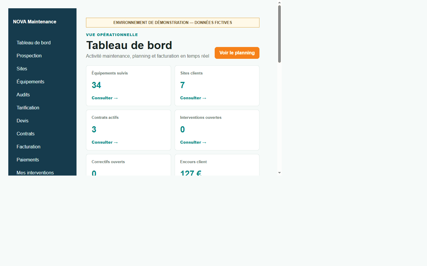 Tableau de bord APS Maintenance avec les indicateurs d'activité, les équipements, les sites et les contrats