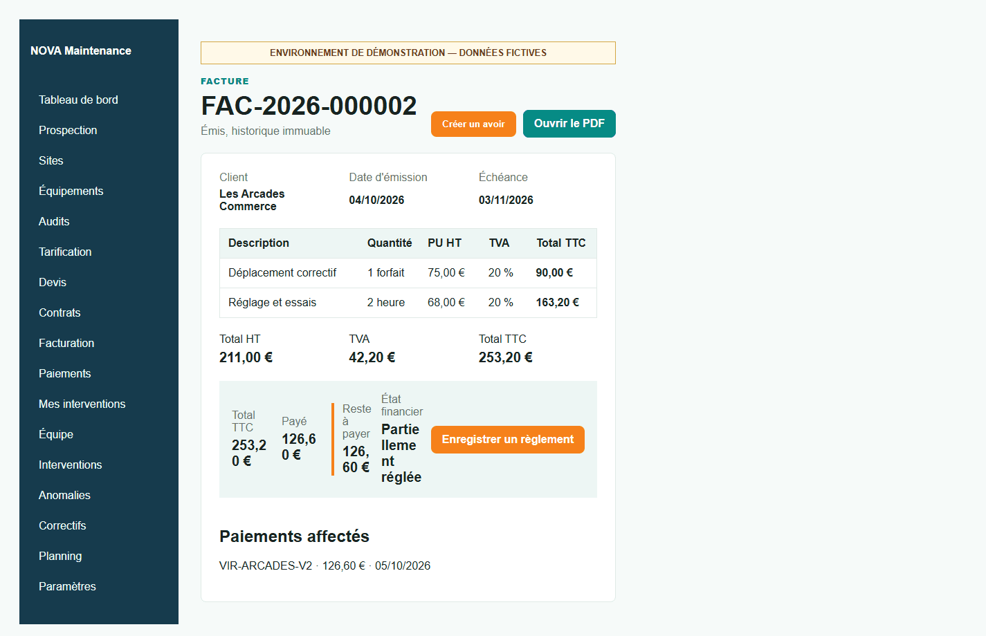 Facture APS Maintenance avec total, paiement partiel et reste à payer