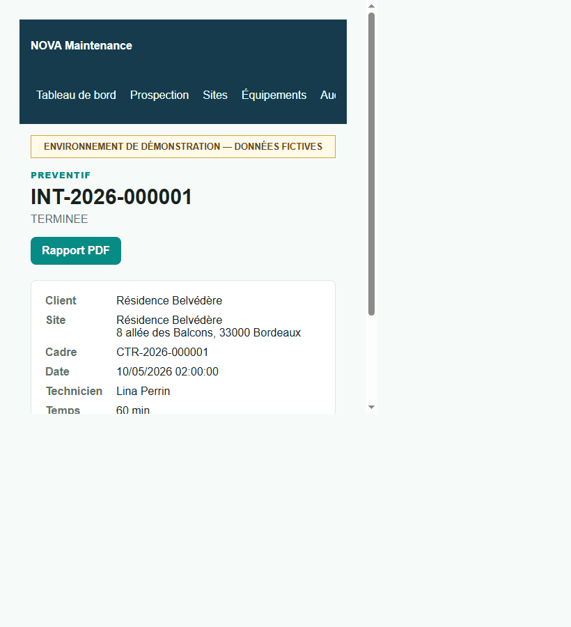Dossier d'intervention préventive APS Maintenance avec le contexte client, site et technicien